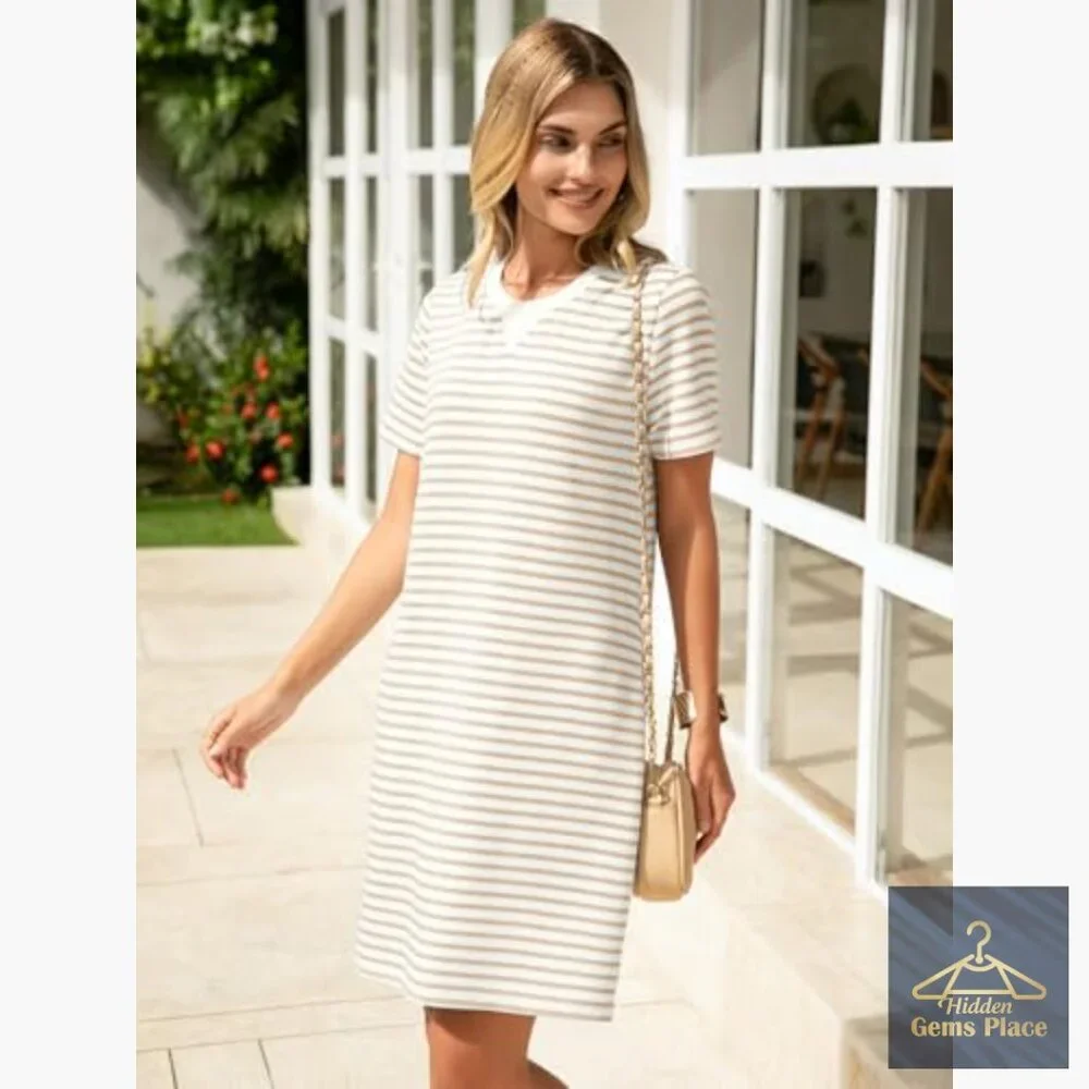 Knee-Length Shift Dress with Pockets, Striped, Short Sleeve, Casual Summer